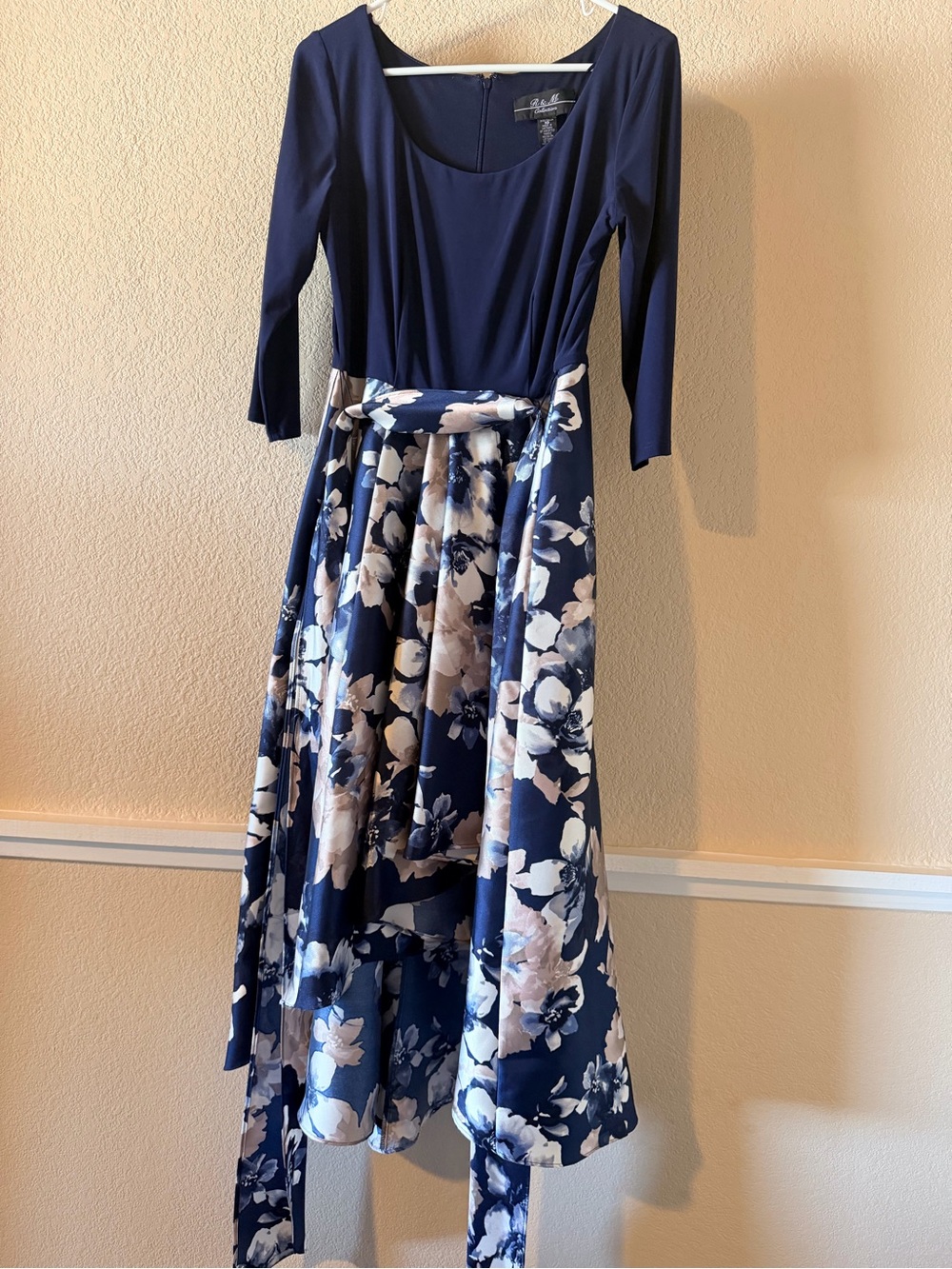 R&M Collection Navy Floral high low Midi Dress with Sash